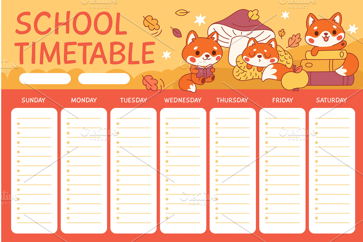 School schedule with fox. Kids funny, an Animal Illustration by YummyBuum