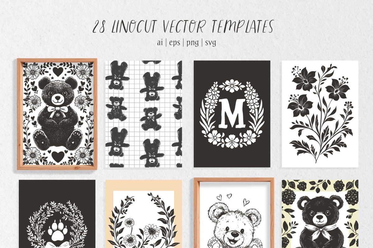 100 Teddy Bear linocut prints, an Object Graphic by DariSmartArt (Photo 6 of 15)