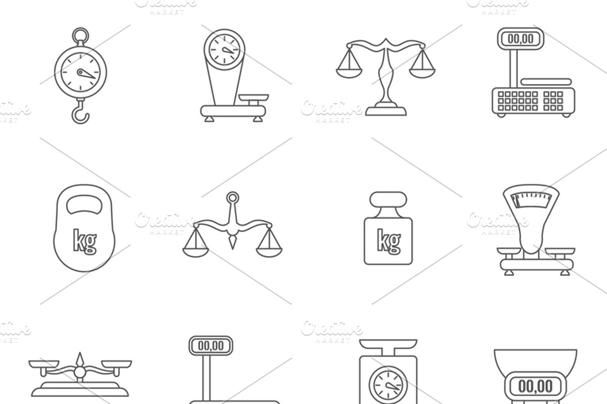 Linear scales and weight icons set, an Outline Icon by Microvector