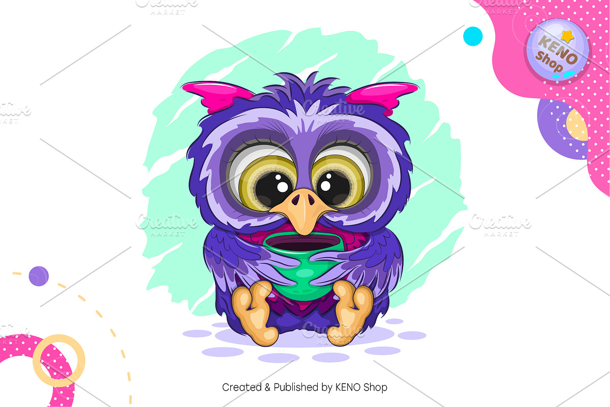 Cartoon owl with a cup. Tshirt, PNG., an Animal Illustration by KENO Mascots (Photo 2 of 4)