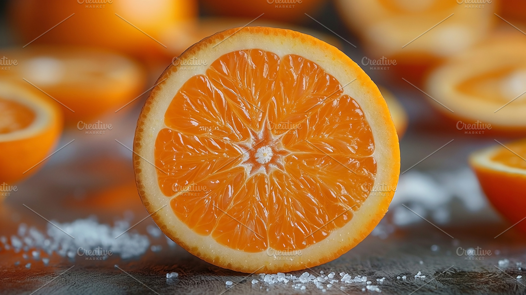 Vibrant close-up of a fresh, juicy orange slice, surrounded by s, a Food & Drink Photo by ImageMir