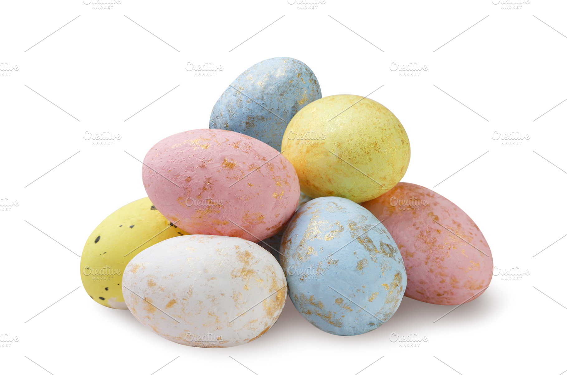Pile of colorful Easter eggs on a, a Holiday Photo by innakreativ