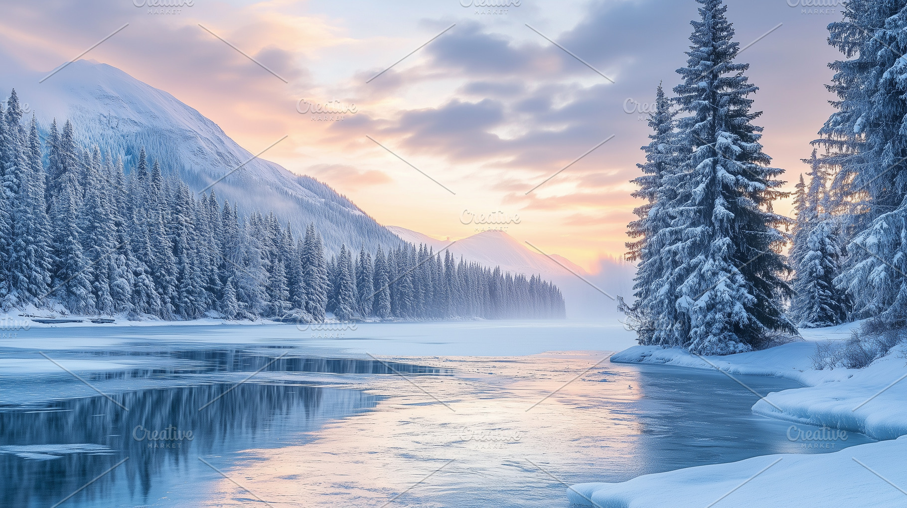 Serene frozen lake surrounded snow, a Nature Photo by MistyDay