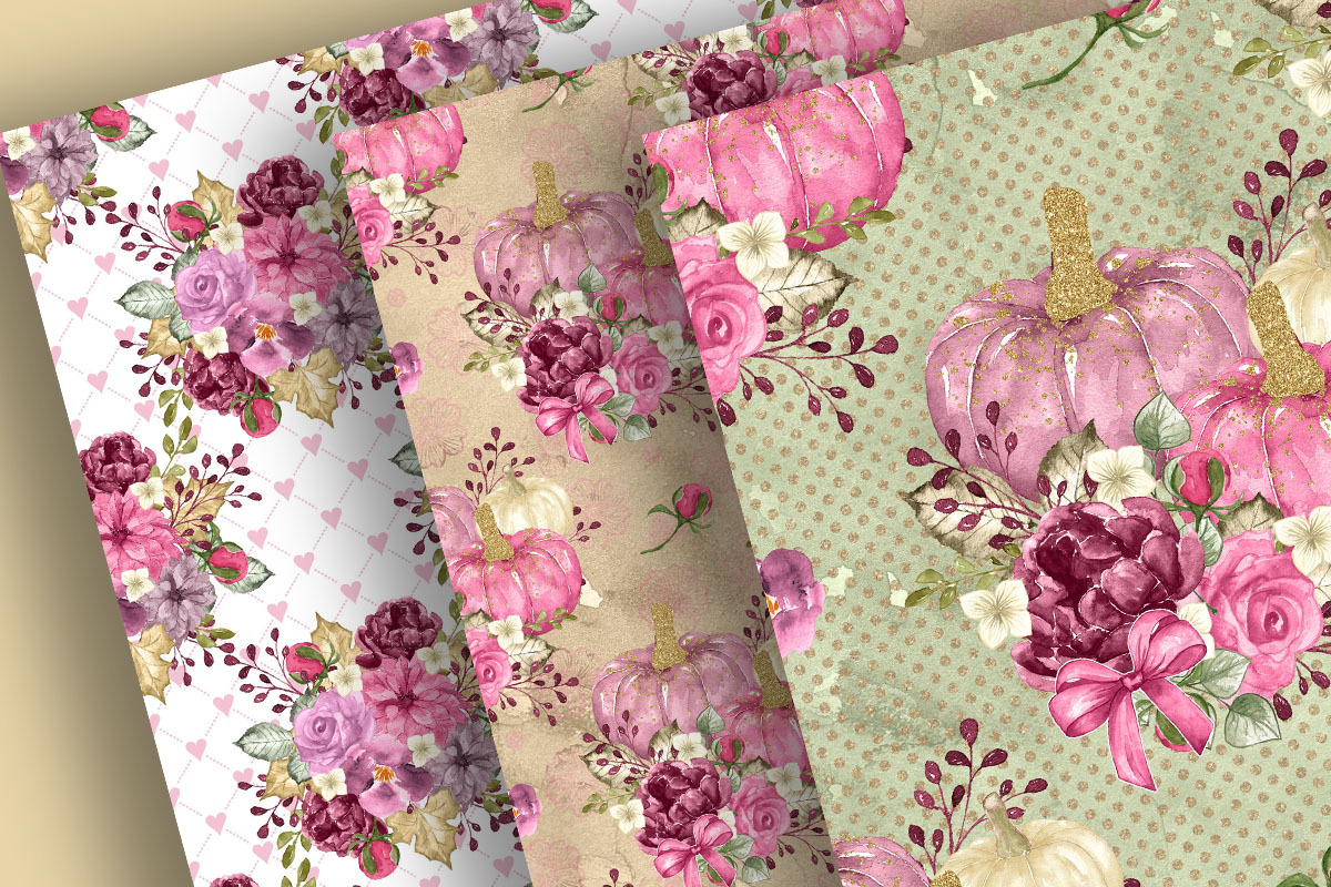 Pumpkin Floral digital paper pack, a Pattern Graphic by designloverstudio