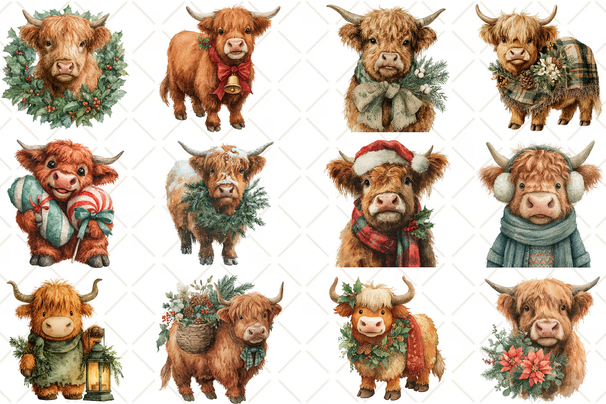 Watercolor Christmas Highland Cow, a Seasonal Illustration by Black Bird Studio (Photo 3 of 7)