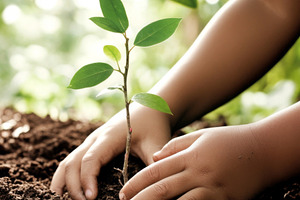 Child planting young sapling in rich, a Photo by Dvoevnore photos