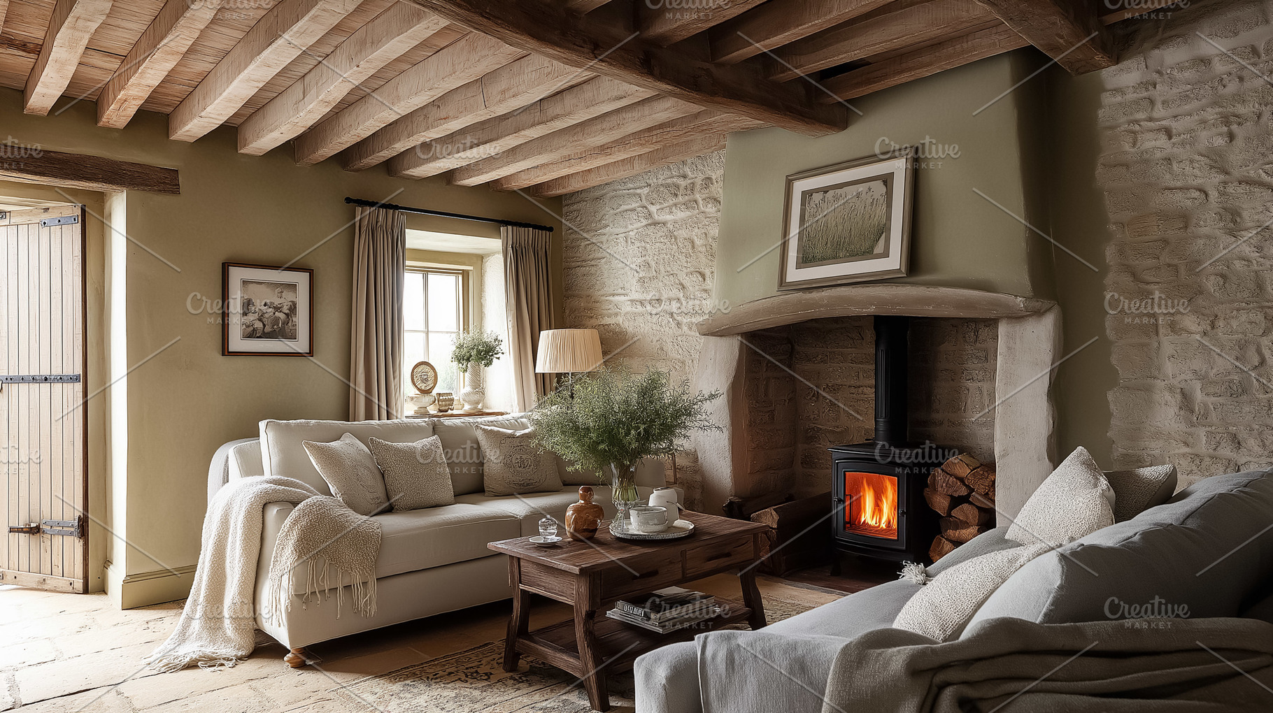 Rustic living room with stone walls, a wood stove, and exposed timber beams, cr, an Architecture Photo by Studio ANNA