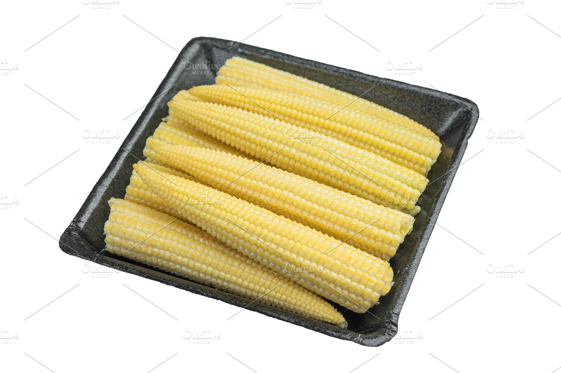 Fresh baby corn cobs packed in black foam tray isolated on white, a Food & Drink Photo by composter-box@mail.ru