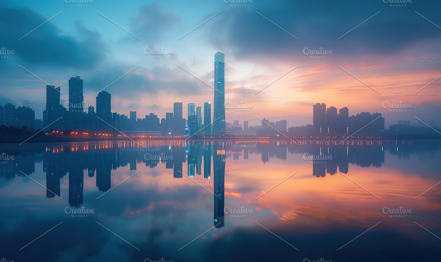 A tranquil city skyline at sunset re, a Photo by LOGOCREATIVE