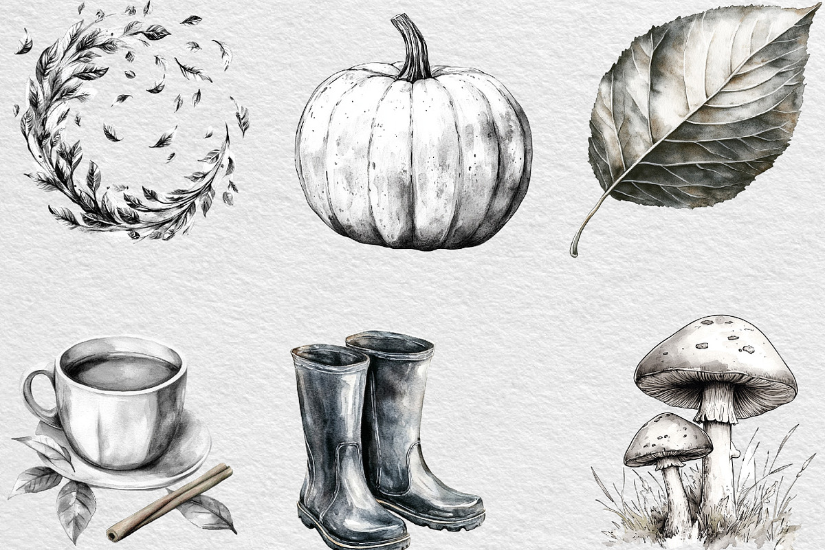 Black & White Autumn Clipart, an Illustration by Black Bird Studio (Photo 2 of 6)