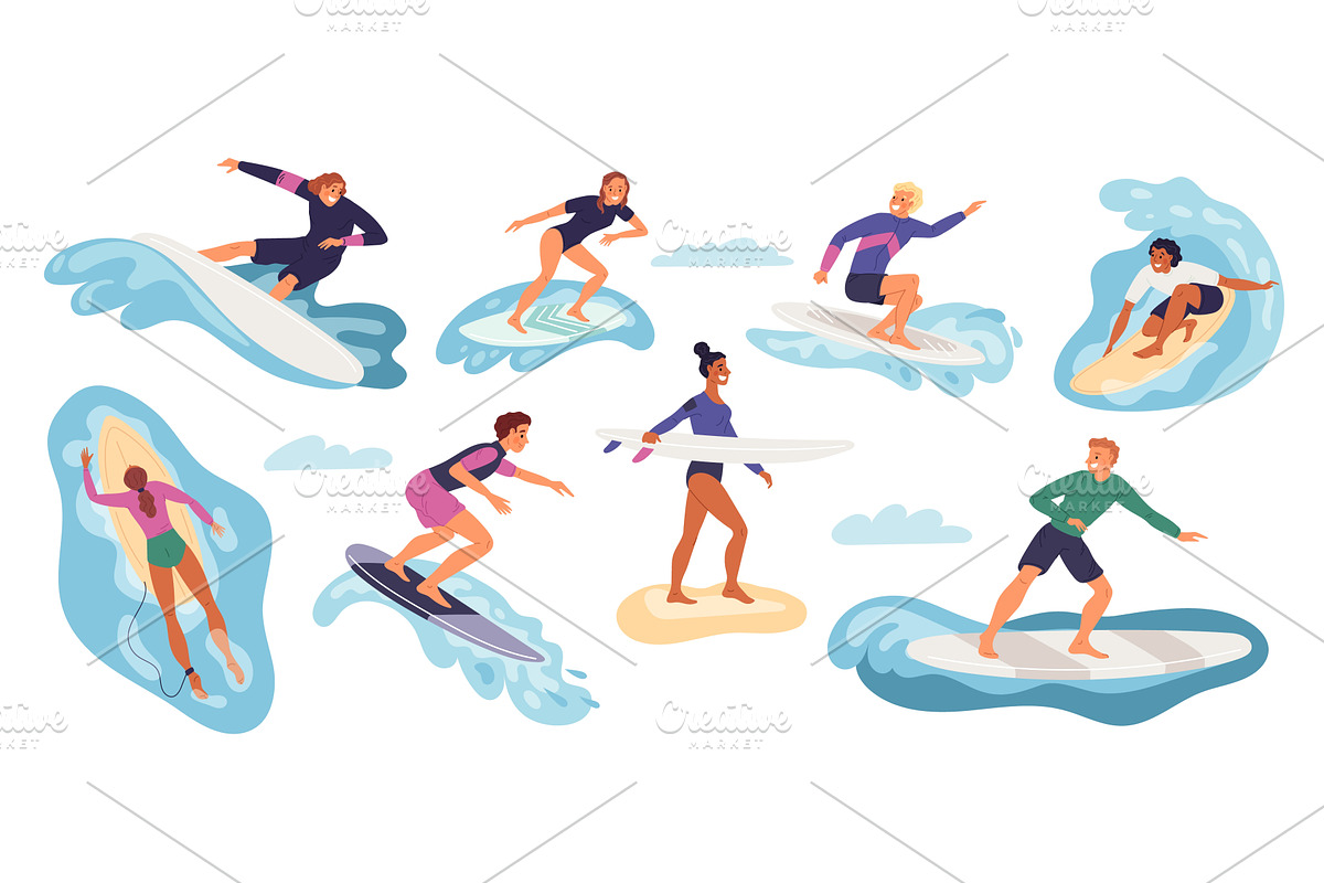 Happy surfers characters. Cartoon, a Sport Illustration by Vectorbuum