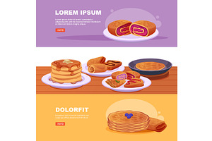 Pancakes. banners with different, a Food Illustration by Onyx
