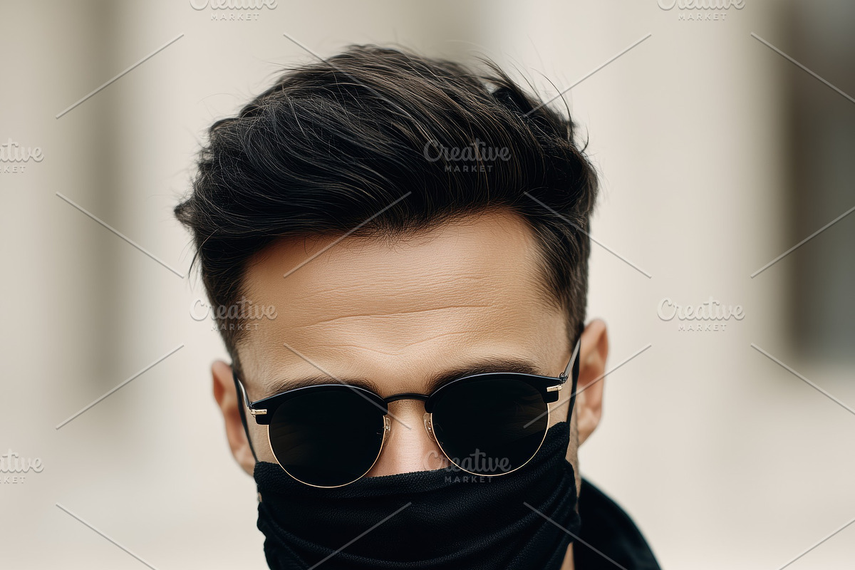 A man wearing sunglasses and a black mask mockup, dressed in a black jacket, wi, a Mask Mockup by Textures & Backgrounds