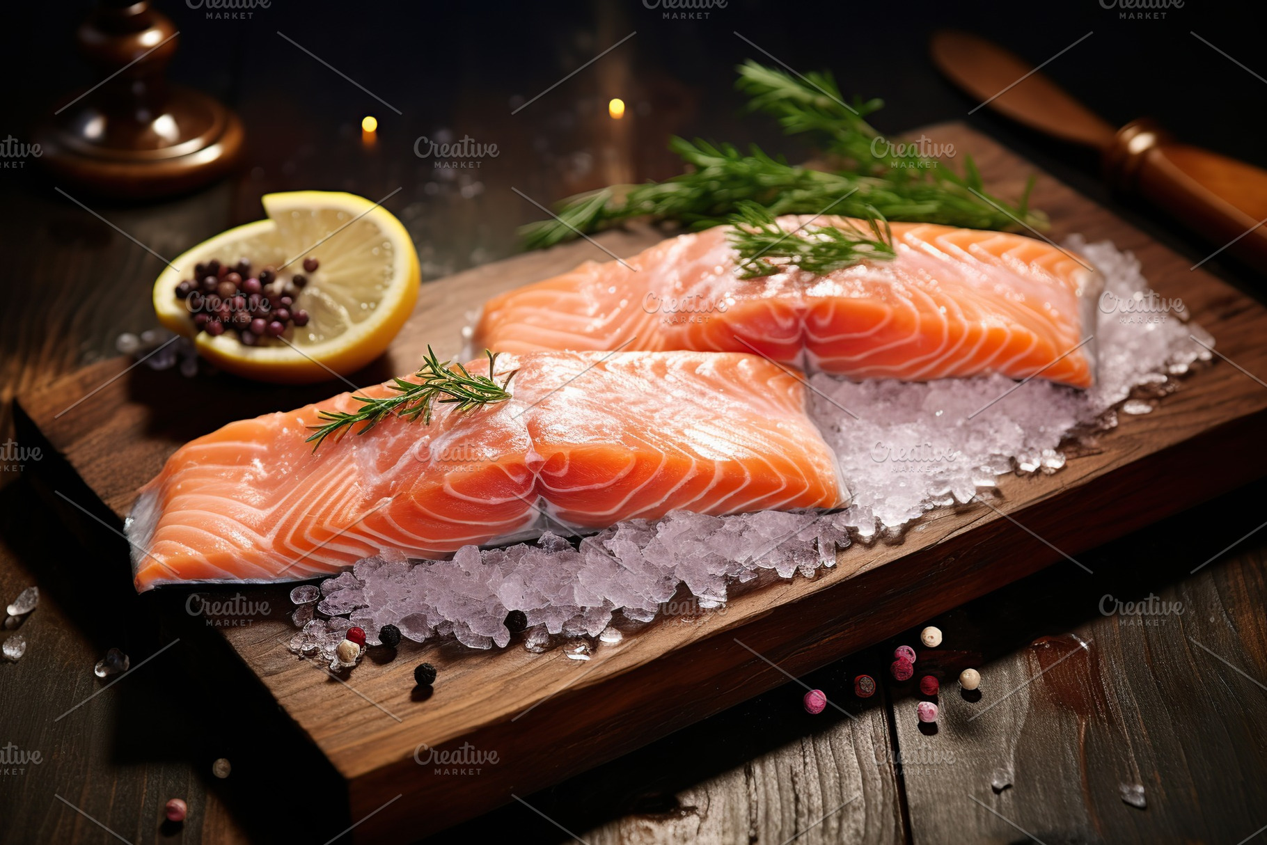 Fresh salmon fillet with ice on wooden background, a Food & Drink Photo by AlyaAnd