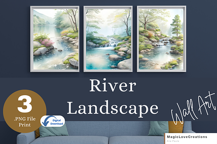 River Watercolor Landscape Print Art, a Poster Template by MagicLove Creations