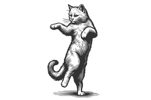 Cat Dancing Joyfully engraving, an Animal Illustration by AlexArt