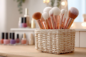 Makeup brushes in wicker basket vani, a Photo by Pixeness Studio