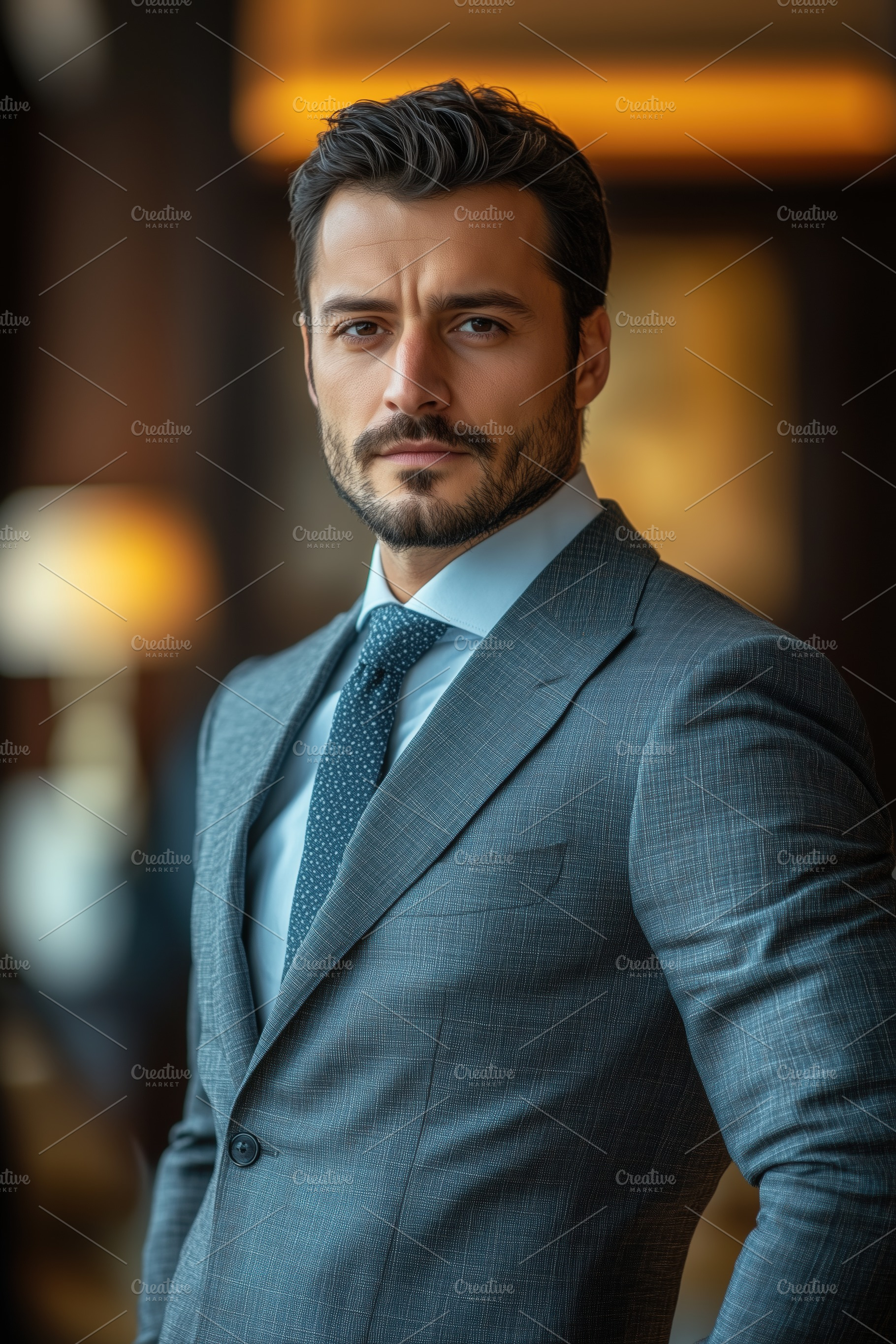 A confident international lawyer businessman in a tailored gray suit, standing, a Person Photo by Textures & Backgrounds