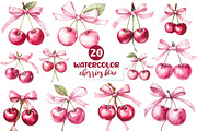 Watercolor Coquette Cherries Bow Cli, an Illustration by CreationArt (Thumbnail 1 of 5)