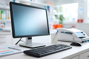 Modern office workspace with computer and printer, a Technology Photo by AlyaAnd