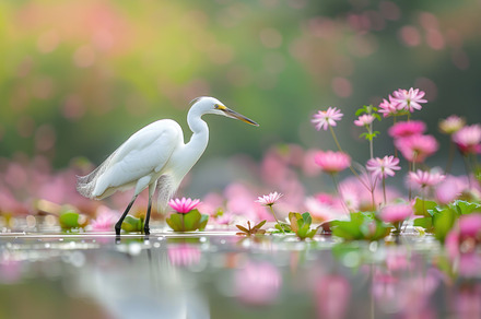 Graceful White Egret Amidst Autumn Blooms - A Serene Lakeside Mo, an Animal Photo by José Manuel Gelpi