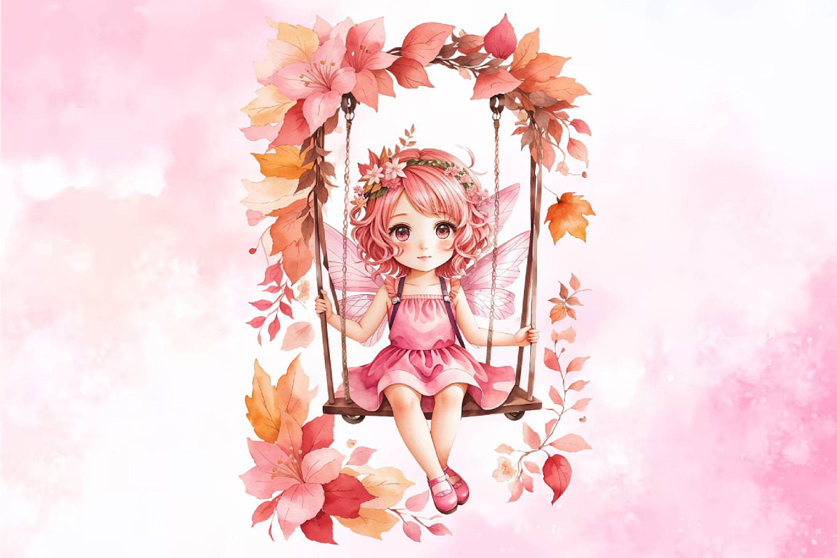 Pink Cute Autumn Fairy with Swing, a Seasonal Illustration by Craft Nest (Photo 2 of 5)