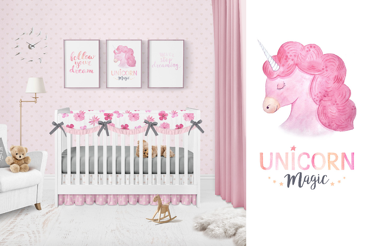 Watercolor Unicorn Design Set, a Decorative Illustration by LarysaZabrotskaya (Photo 9 of 10)
