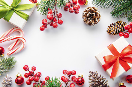 Christmas background with fir tree and decor. Top view with copy, a Holiday Photo by Olena Rudo