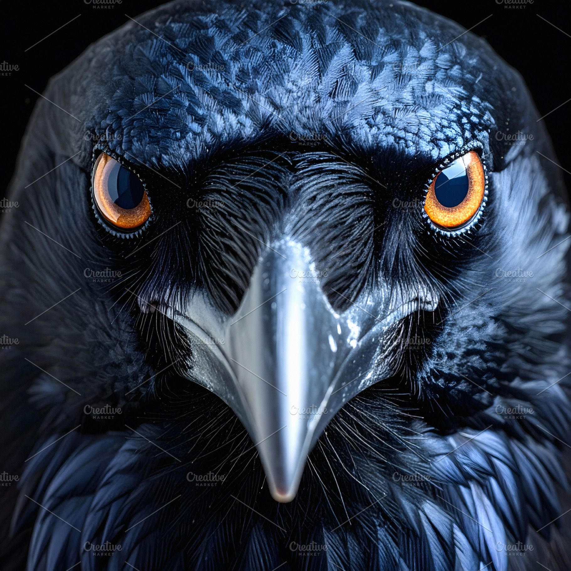 Raven head close portrait with vivid glowing orange eyes, an Animal Photo by GoodGoods