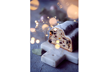 Christmas stollen on blue-green, a Food & Drink Photo by tilialucida