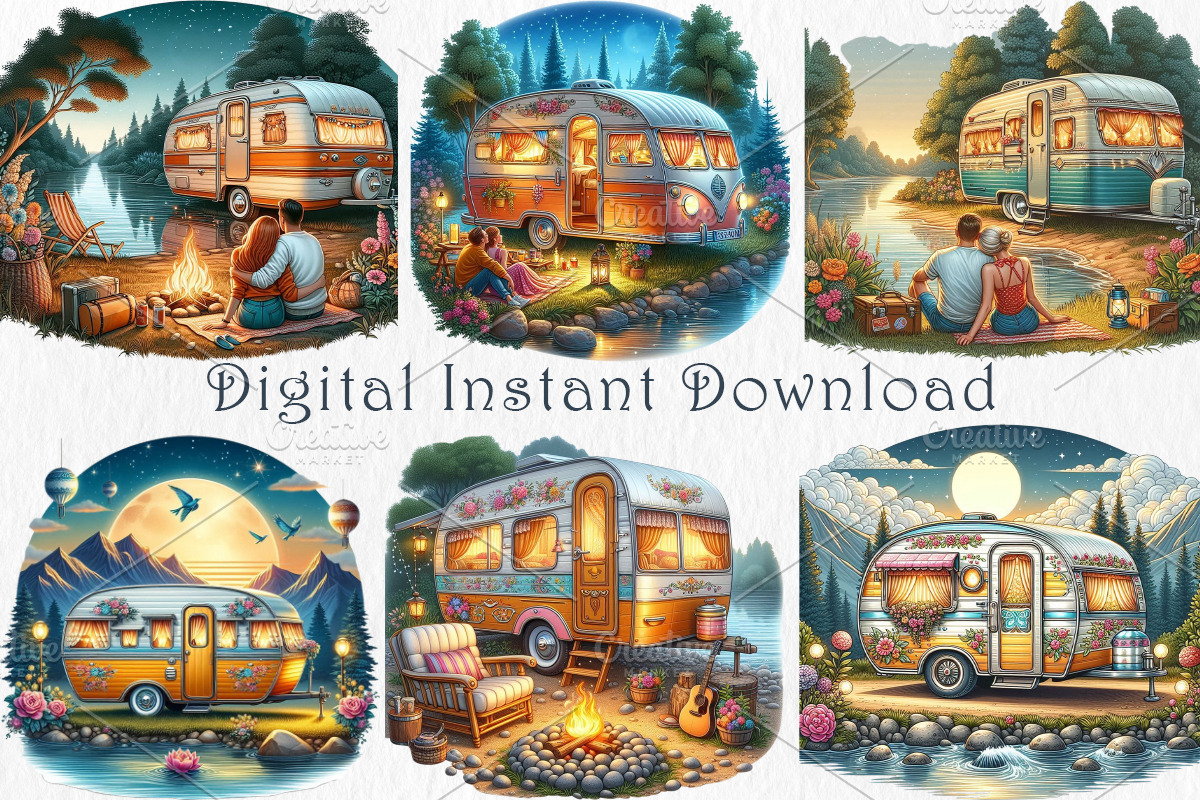 Watercolor Camper Trailer Clipart., a Transportation Illustration by GalaDesign03 (Photo 3 of 5)