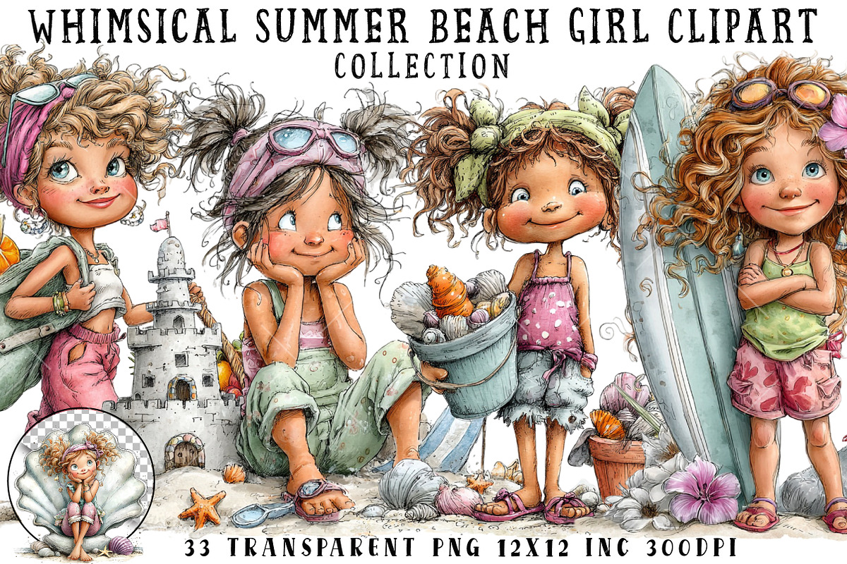 Whimsical Summer Beach Girl Clipart, an Illustration by OK Design (Photo 1 of 6)