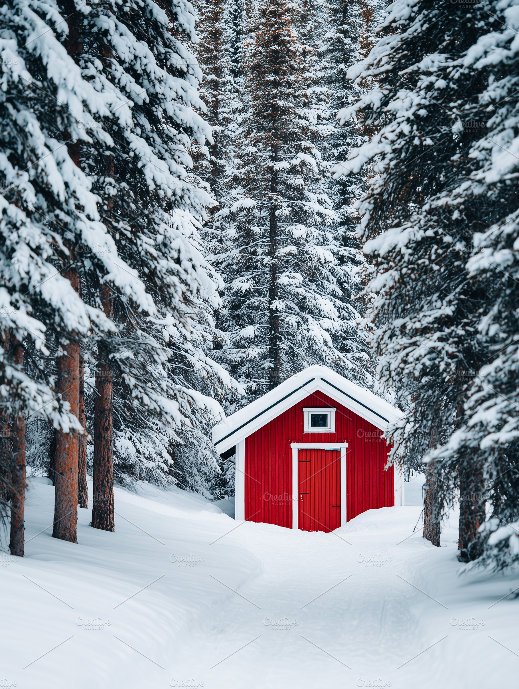 Red wooden cabin surrounded by snow, a Nature Photo by MistyDay