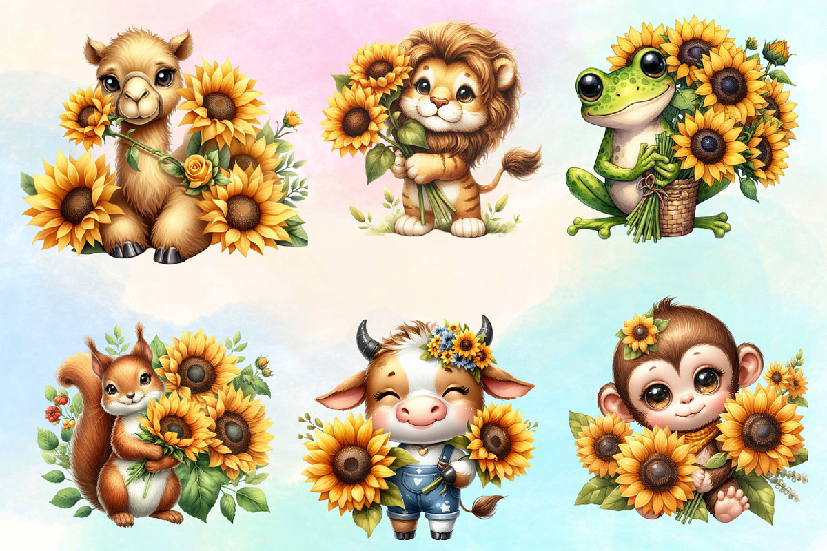 Watercolor Animals Sunflowers PNG, an Illustration by CraftArtStudio (Photo 2 of 3)