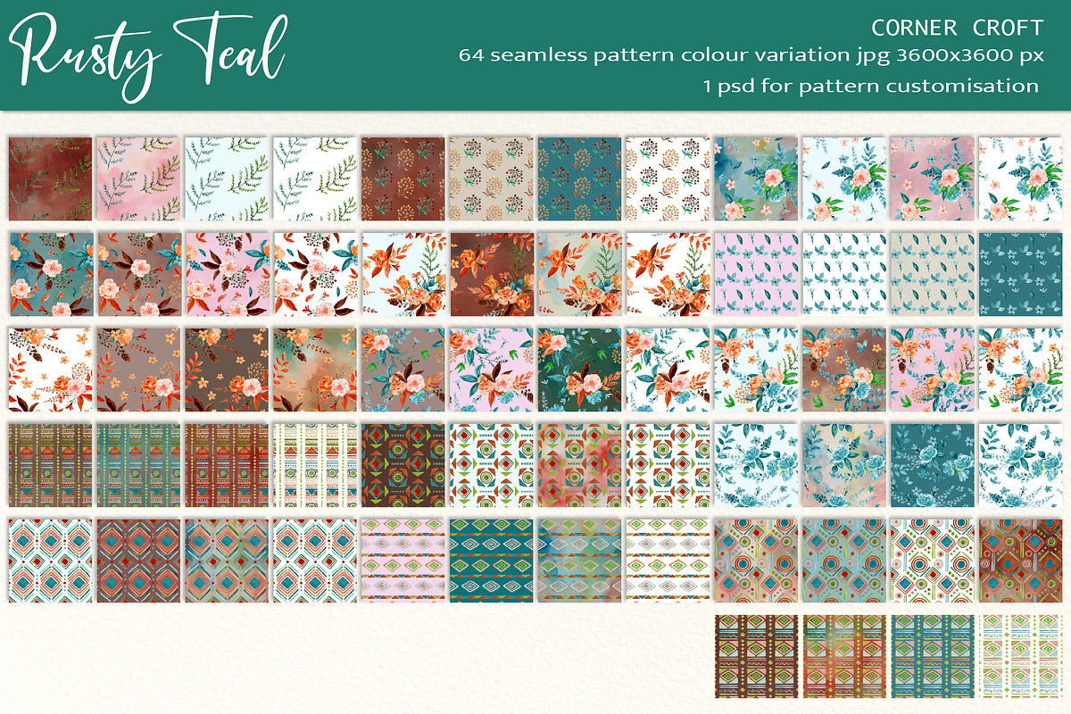 Rusty Teal Floral Clipart & Patterns, an Illustration by Corner Croft (Photo 7 of 13)