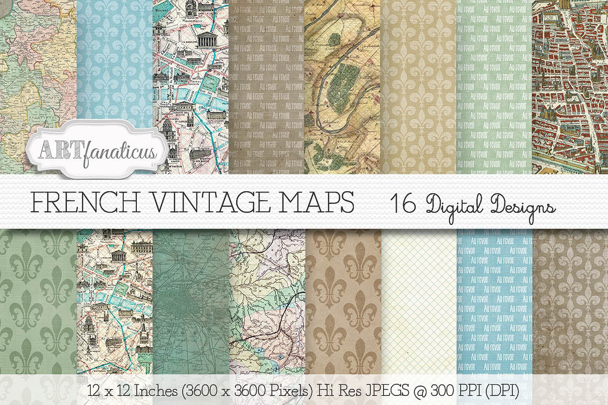 FRENCH VINTAGE MAP Digital Designs, an Illustration by Artfanaticus (Photo 1 of 3)