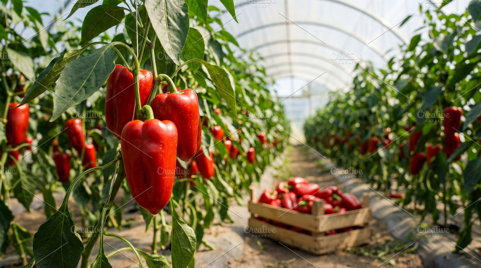 Bell peppers growing on greenhouse, a Food & Drink Photo by Volff