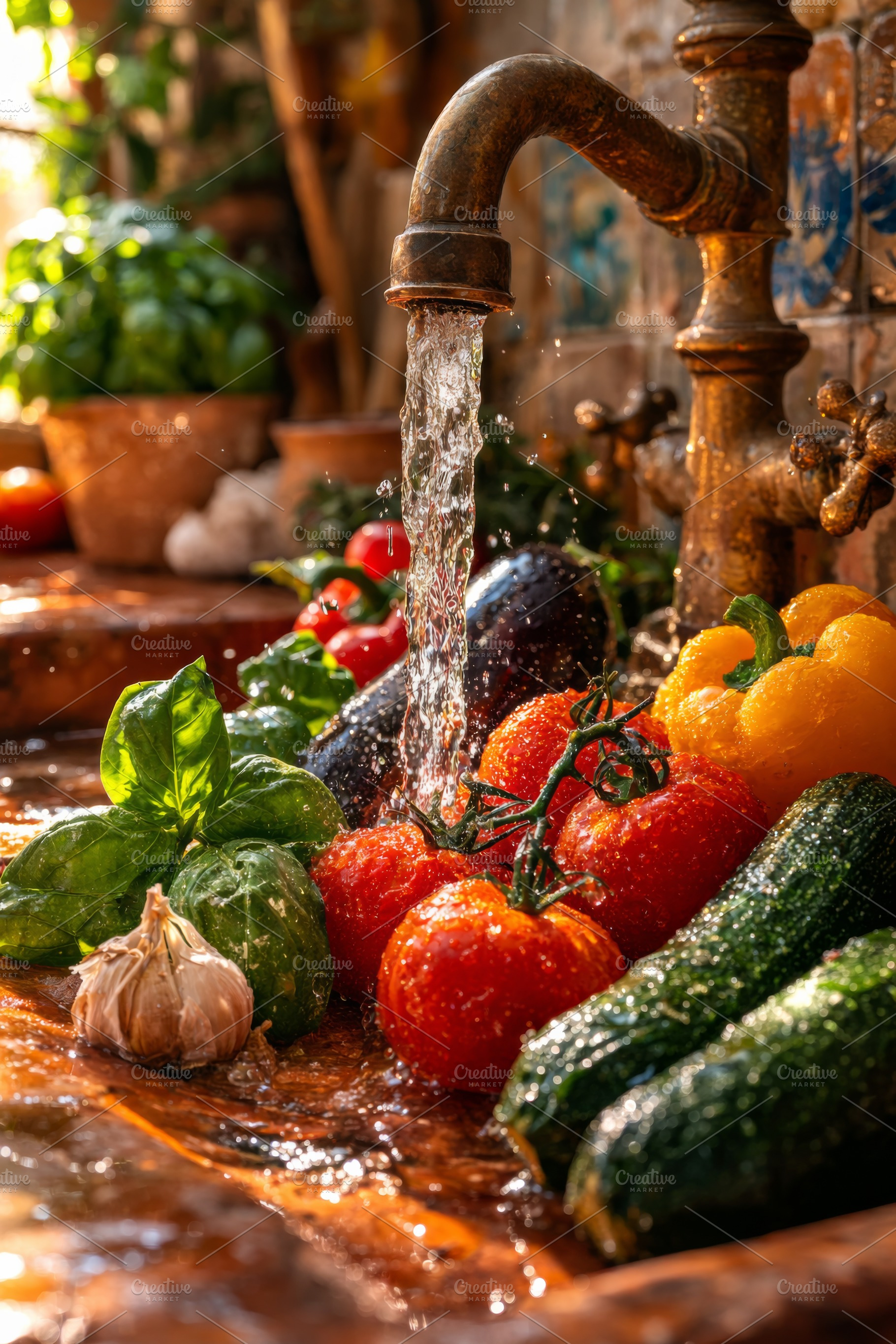 Fresh vegetables under rustic faucet, a Photo by Dvoevnore photos