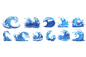 Waves cartoon set. Blue wave, splash, an Illustration by Stock-Smart-Start