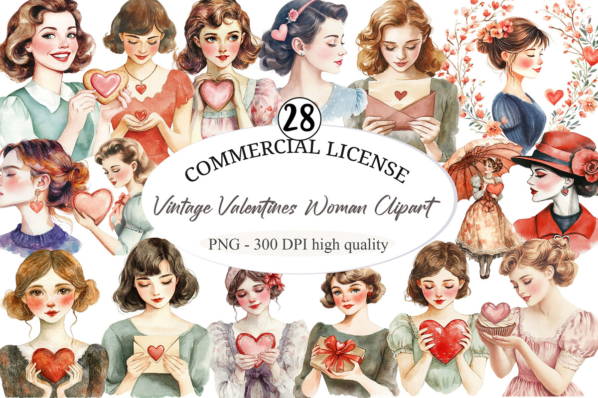 Vintage Valentines Woman Clipart, an Illustration by designcity5 (Photo 1 of 5)