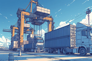 Large transportation trucks near cargo cranes in a bustling harbor setting, an Illustration by AS photostudio