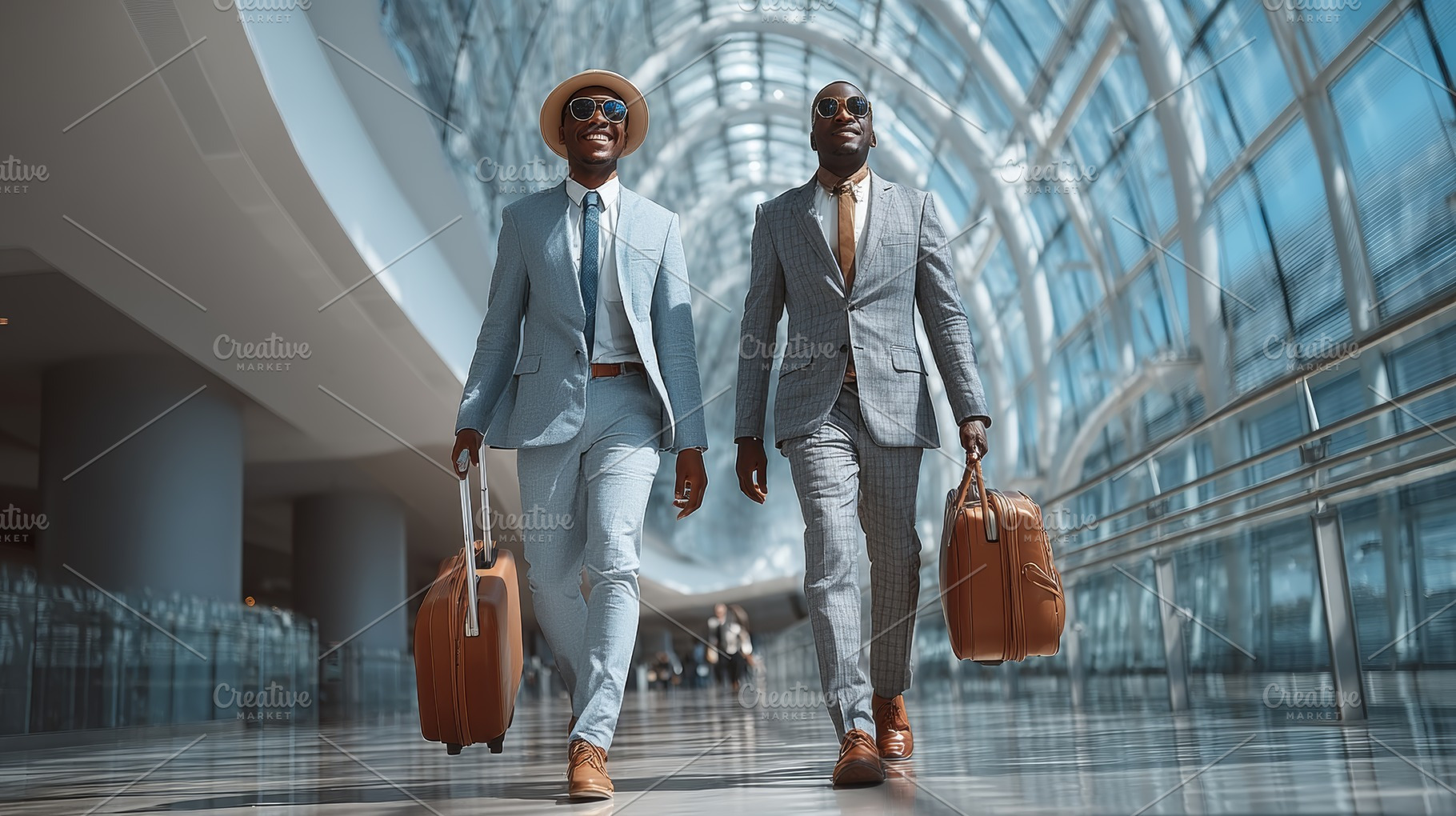 Two stylish businessmen walk through a modern airport terminal with brown suitc, a Photo by AS photostudio
