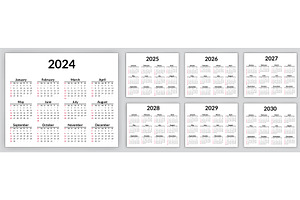 2024, 2025 To 2030 Calendar Set