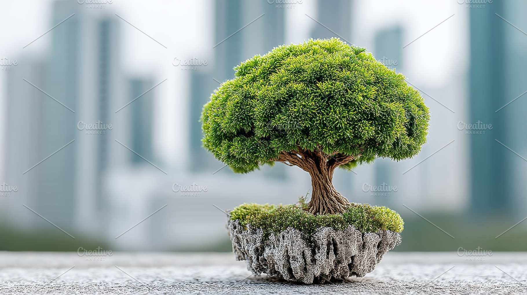 Urban ecology and sustainable business concept with a bonsai tree on a rocky ba, a Photo by AS photostudio