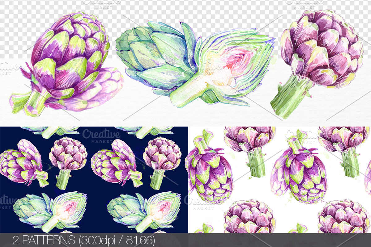 Watercolor artichokes set., a Decorative Illustration by KarinkaBU (Photo 3 of 5)
