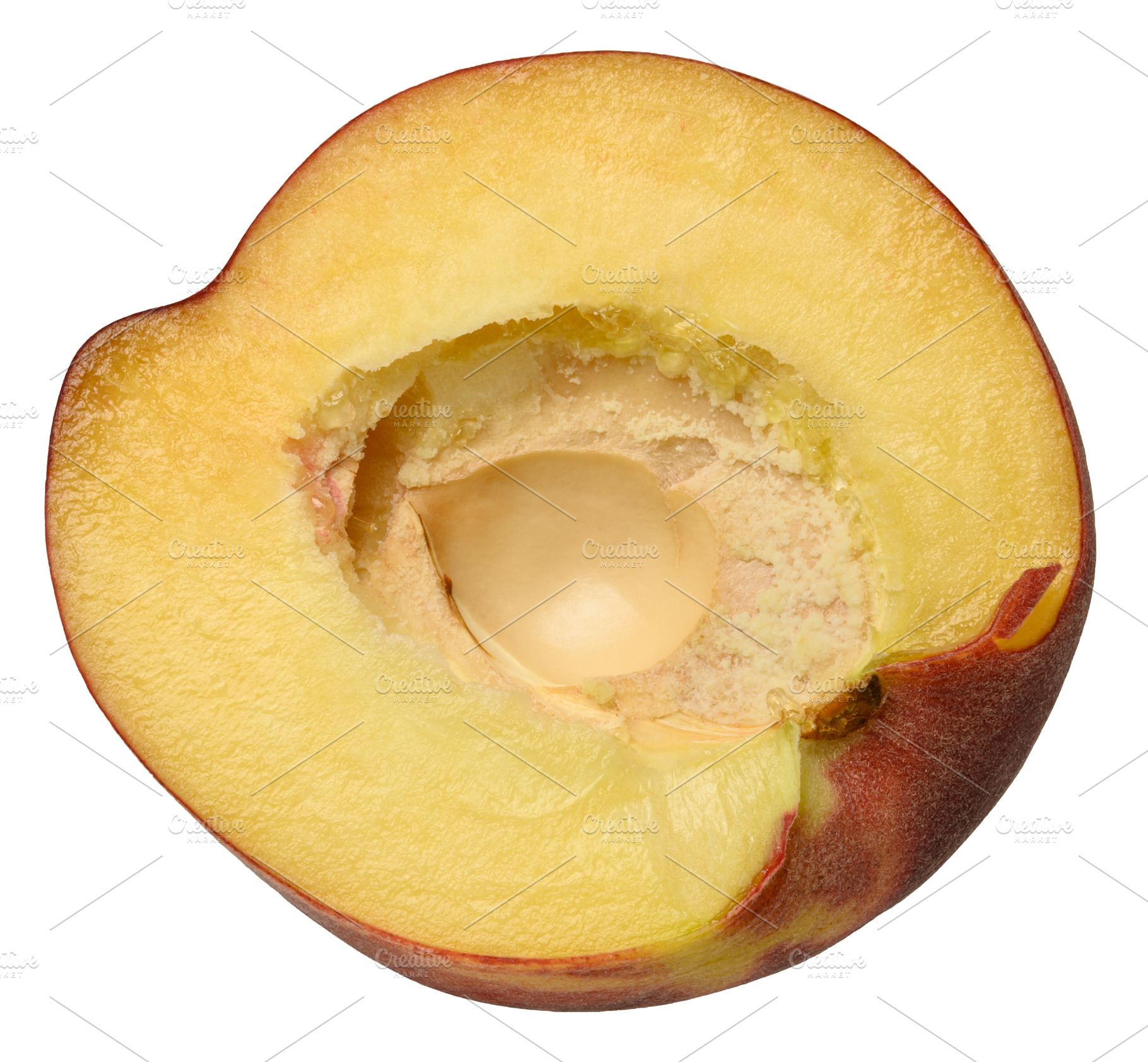 A juicy half of a ripe smooth nectarine with a hole in the cente, a Food & Drink Photo by ndanko