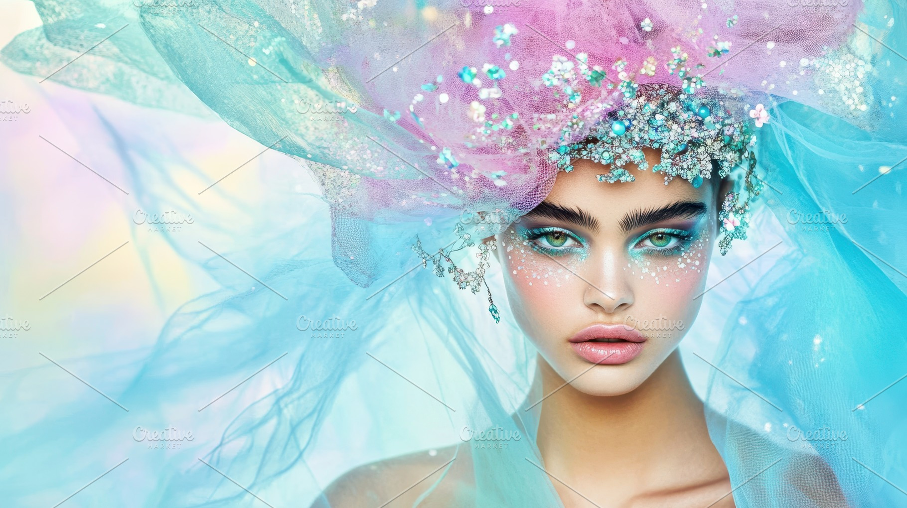 A woman with glittering makeup and a jeweled headpiece poses in a desert, blend, a Person Photo by Mashimara