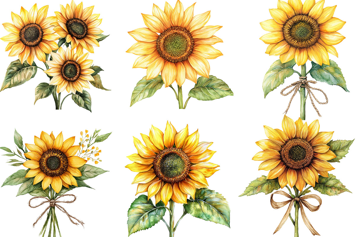 Watercolor Sunflower Clipart Bundle, an Illustration by Designking (Photo 2 of 6)