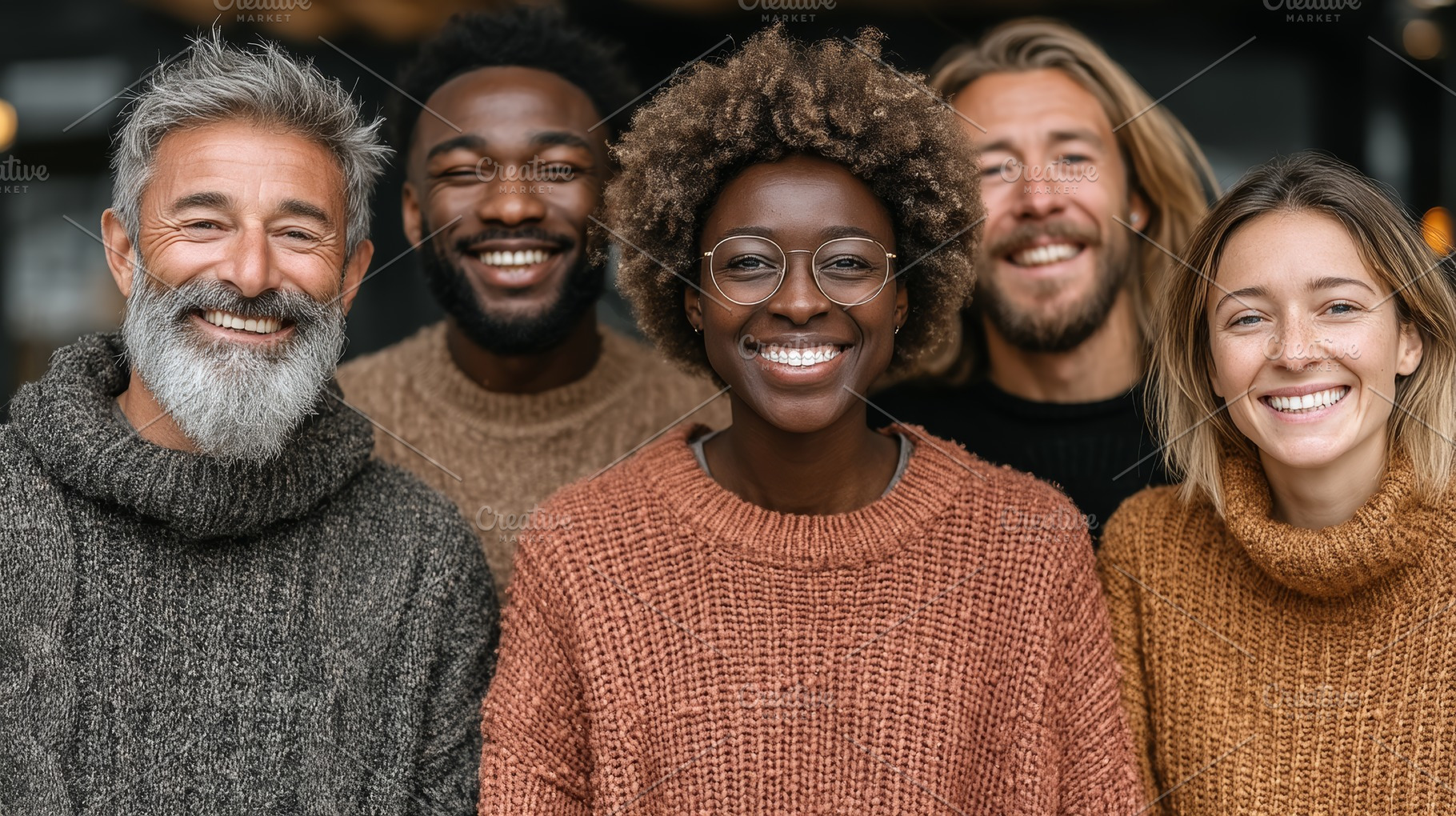 Smiling group of diverse friends wearing cozy sweaters outdoors, a Person Photo by AS photostudio