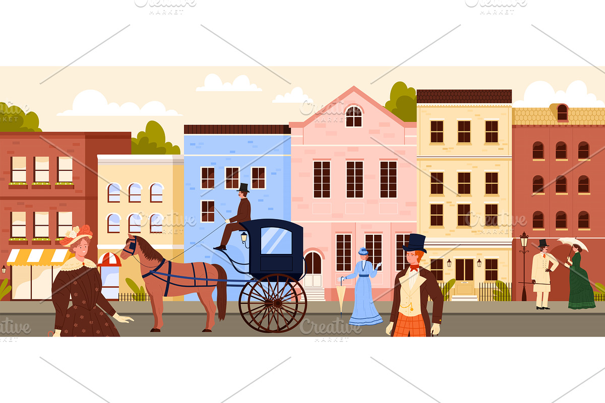 Victorian city street of 18th or, an Object Illustration by Flashvector